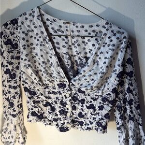 Free People White and Navy Floral Button-Front Blouse